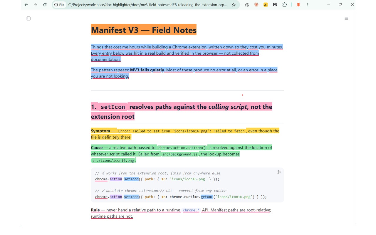 A local Markdown file open from disk with several coloured highlights and an underline