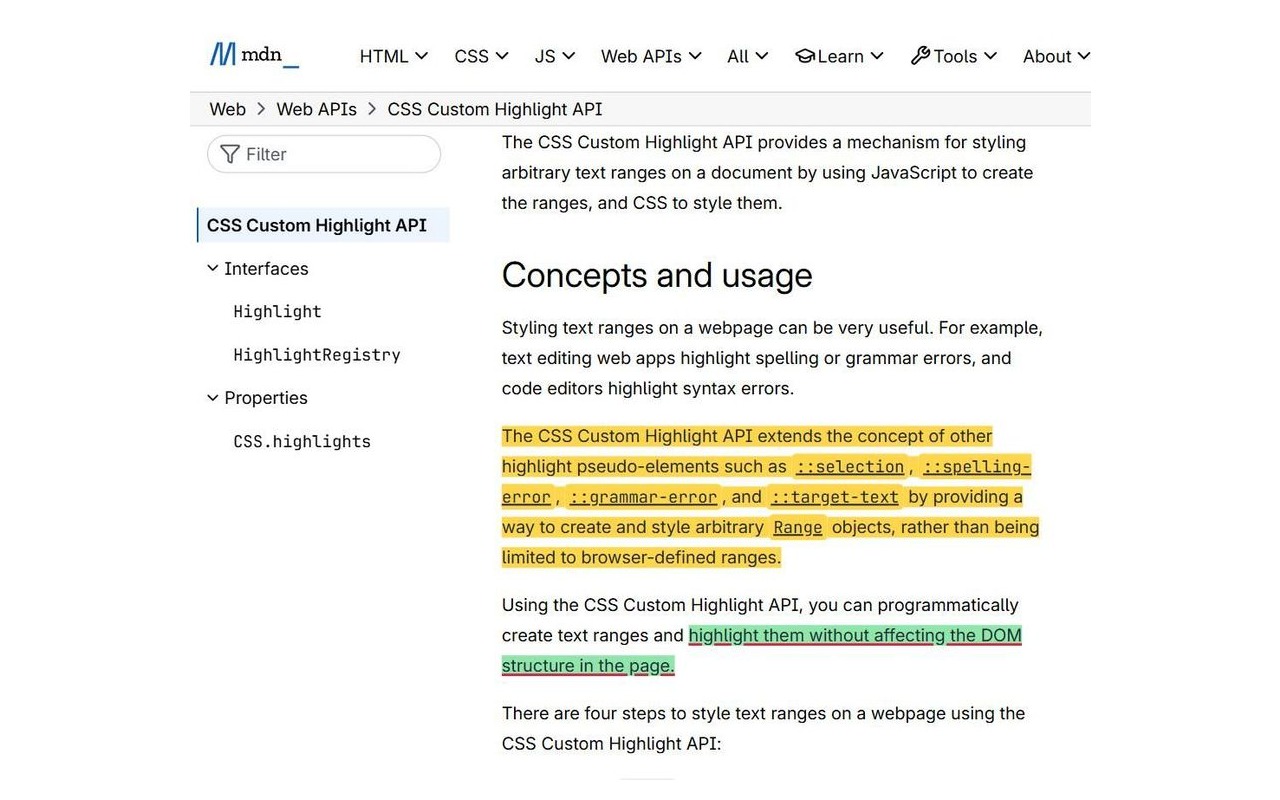 The same highlighting working on a documentation page on the web